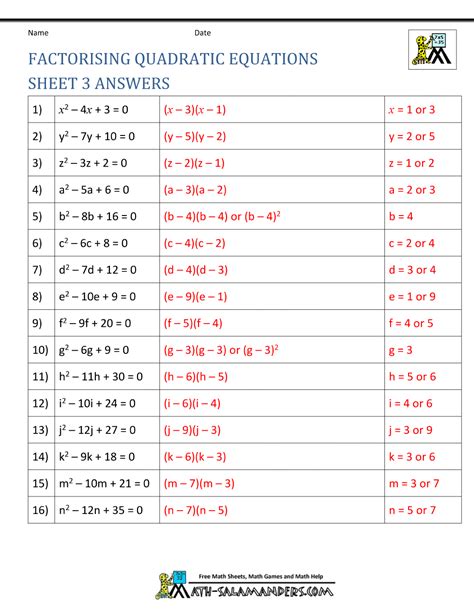 factoring quadratic expressions worksheet answers
